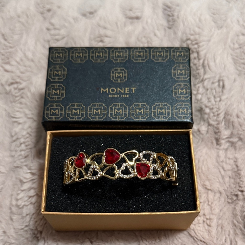 Monet Gold Bracelet with Red Heart Accents